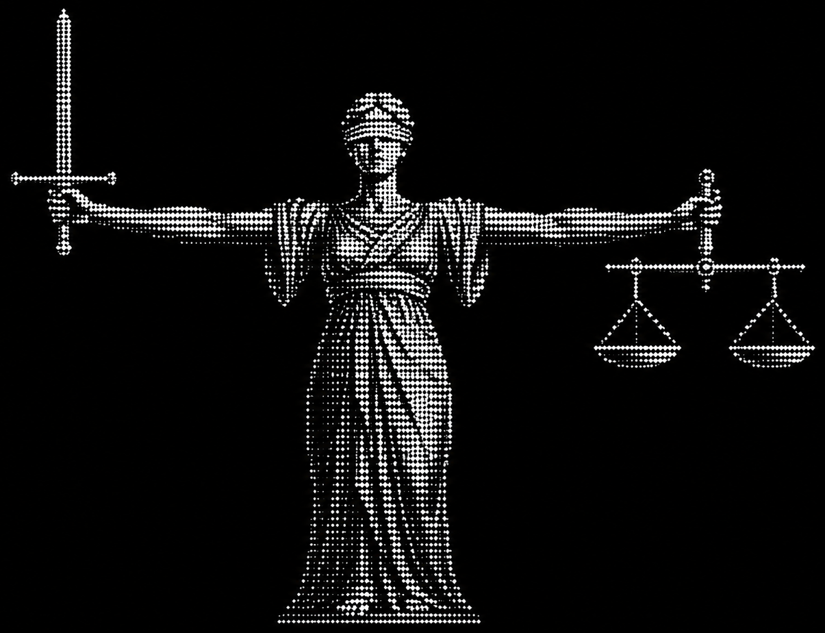Lady Justice rendered in white dots — blindfolded, sword in one hand, the scales of balance in the other